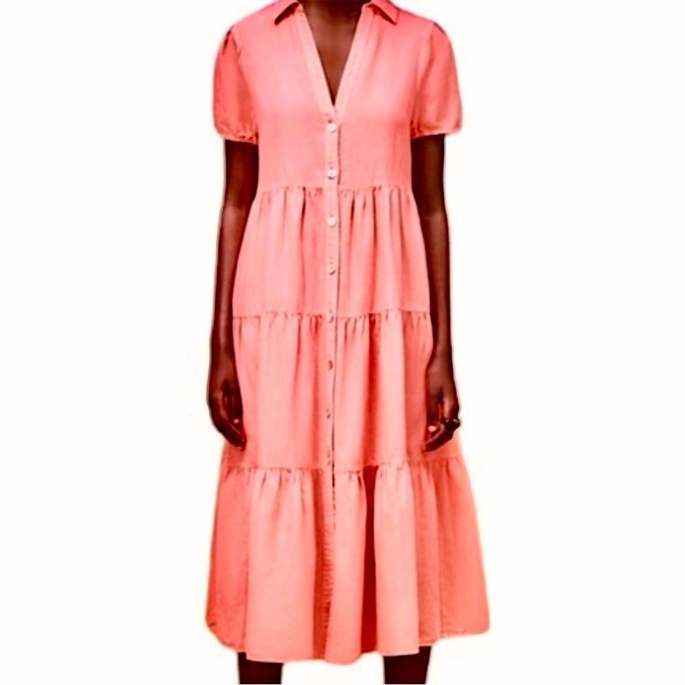 Zara Coral Short-sleeved Buttonfront Tiered Midi Dress
